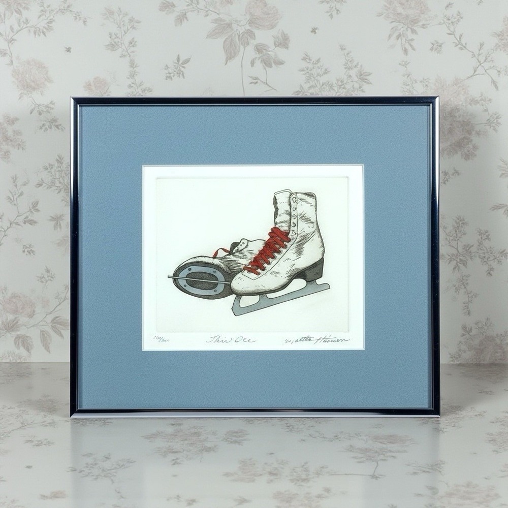 VTG Martha Hinson Thin Ice Signed Limited Print 153/350 Framed 10.5x8.5 Skates